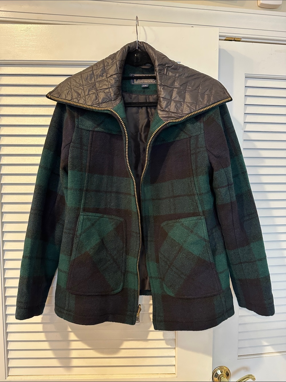 Pendleton Green & Black Plaid Zip-Up Pea Coat with Quilted Collar